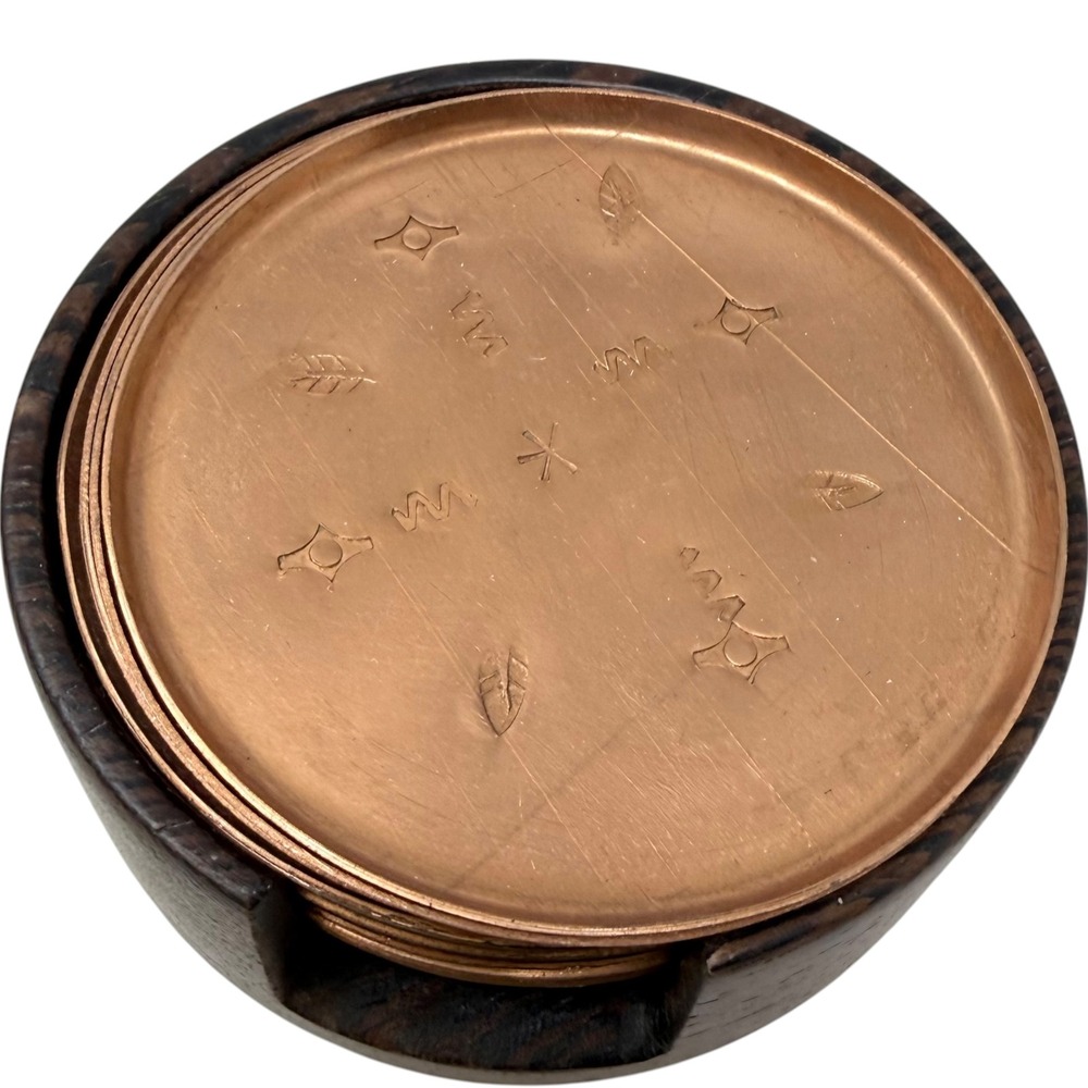 Unbranded Copper Coasters Set 16 Wood Caddy Brown Good Hand Stamped Etched MCM